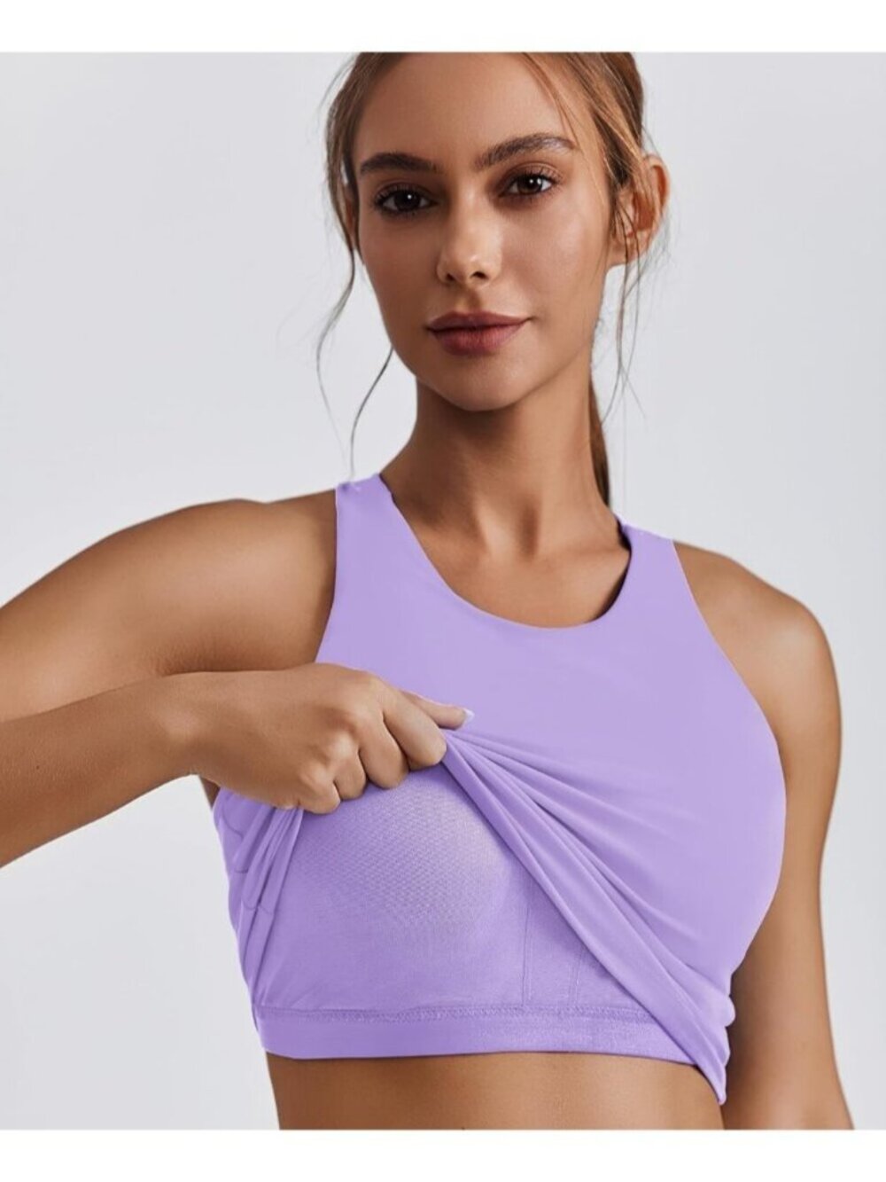 Women's Purple Sports Bra High Neck Racer Back Workout Longline Crop Tank Top - Picture 4 of 6
